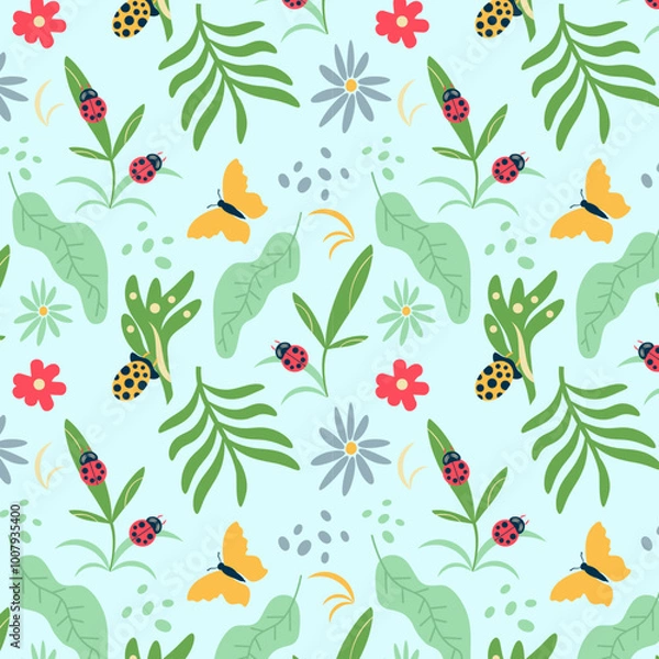 Obraz Beautiful insects and bug seamless pattern. Floral spring background