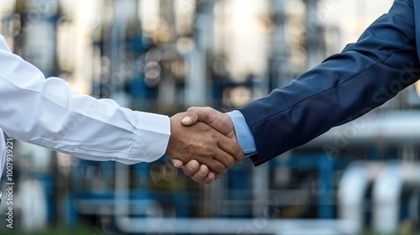 Fototapeta Two businessmen shaking hands in a modern office, symbolizing a successful merger and collaboration, professional handshake in corporate environment.