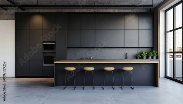 Obraz Modern kitchen design with sleek cabinetry and bar stools, natural light through windows.