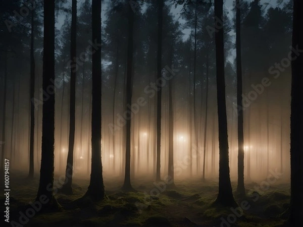 Fototapeta A dark, eerie forest with mist creeping through the trees and a full moon glowing in the background, casting long shadows

