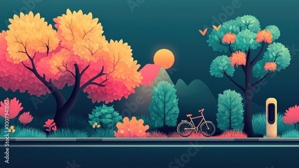 Fototapeta Vibrant autumn landscape with trees, bicycle, and colorful foliage at sunset.