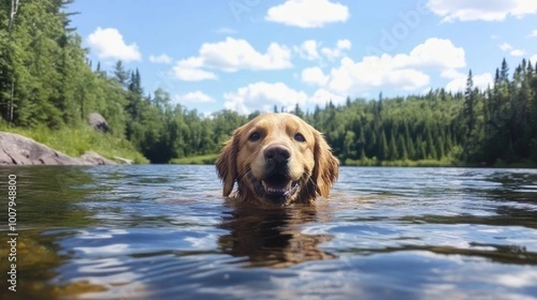 Fototapeta Happy Golden Retriever Swimming in Clear Water