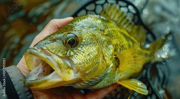 Fototapeta Close up of a largemouth bass caught in a river