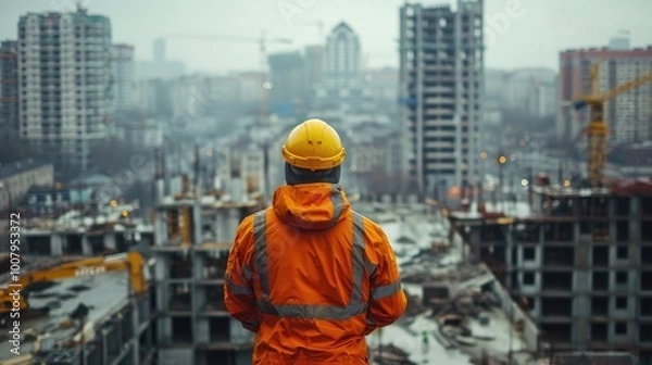 Obraz Construction worker looking at cityscape