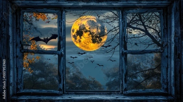 Fototapeta Full moon night view through window