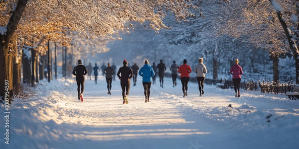 Fototapeta A group of people dressed in winter exercise gear, jogging in a park covered in snow