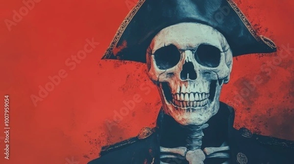 Fototapeta A pirate skeleton in a hat stands boldly against a vibrant red background, exuding a haunting yet captivating presence.