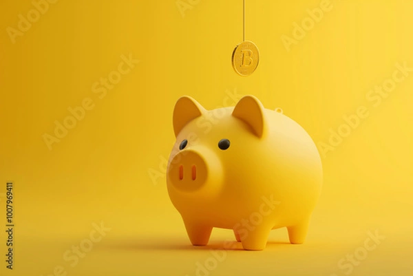 Obraz Bitcoin coin being dropped into yellow piggy bank savings.