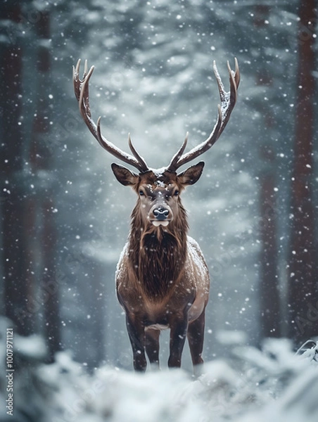 Obraz Noble Stag Standing in Snowfall