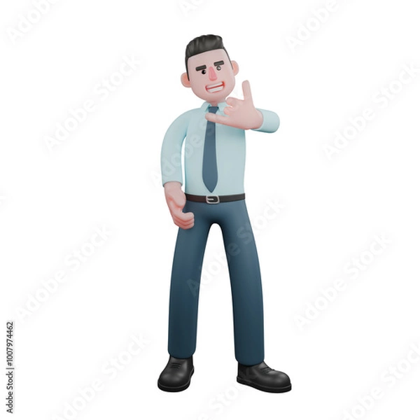 Fototapeta Professional 3D Financial Analyst. A male financial analyst is standing with his left hand raised in front of his chest while giving a telephone symbol. Male Economic Expert