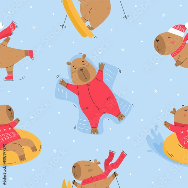 Obraz Winter sport activities pattern with capybaras