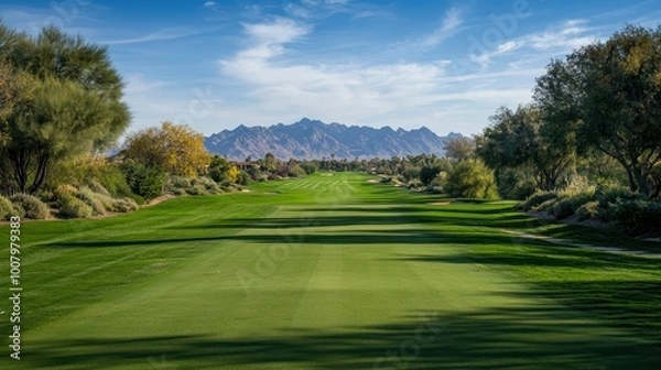Fototapeta Golfer's View from Tee Box: Long Fairway with Majestic Mountain Background