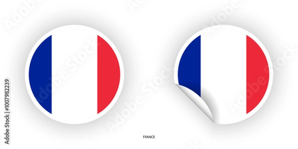 Fototapeta France sticker flag in circle shape and circle peeled shape on white background. French flag icon in circular form.	