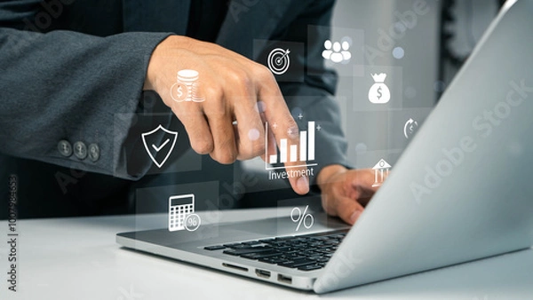 Fototapeta finance and investment concept, invest money, fundraising, ROI return on investment, Interest rate and dividend concept, Businessman is calculating income and return on investment in percentage.