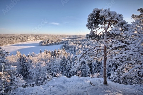 Obraz Snowy landscape at Aulanko nature park in Finland. Icy lake and forest view from the viewpoint . HDR image.