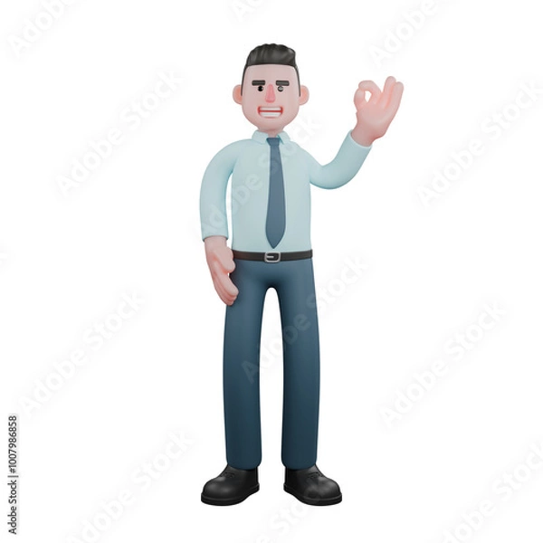 Fototapeta 3D Model of Male Financial Analyst. A male financial analyst is standing with his left hand raised while giving an "ok" symbol and his left hand is on his waist. Professional Forecaster