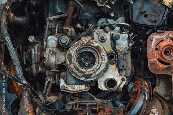 Fototapeta Close-up of a Rusted and Damaged Engine Block