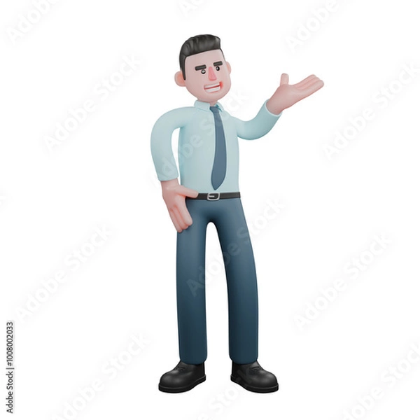 Fototapeta Illustrative 3D Male Financial Analyst. A male financial analyst is standing with his left palm raised in front of his shoulder while his right hand is on his waist. Financial Leader