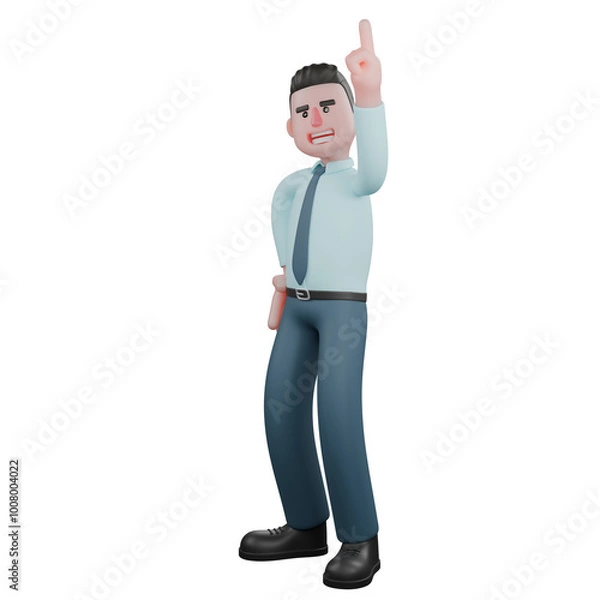 Fototapeta Fiscal Service Provider 3D. A male financial analyst is standing with his left index finger raised upwards. Male Analyst Cartoon