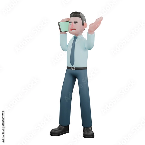 Fototapeta Animated Male Financial Analyst. A male financial analyst stands with his right hand holding a cellphone and his left hand raised upwards with the palm facing upwards. 3D Fiscal Professional
