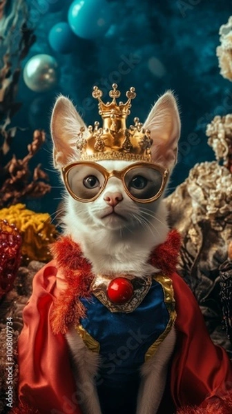 Fototapeta Capture the fun and charm of Dress Up Your Pet Day with a lively scene of pets in creative costumes, from dogs in superhero outfits to cats dressed as royalty, surrounded by playful props and joyful