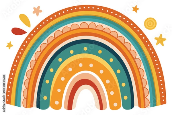 Fototapeta Cute Cartoon Hand-Drawn Rainbow Stickers for Kids – Cloud, Sun & Heart Vector Set.