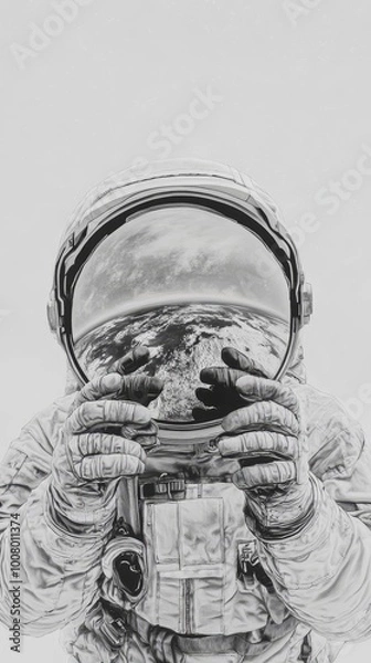Obraz Depict a realistic image of an astronaut exploring the surface of a distant planet, with a reflective helmet capturing the vast, starry cosmos, and the rugged terrain beneath them