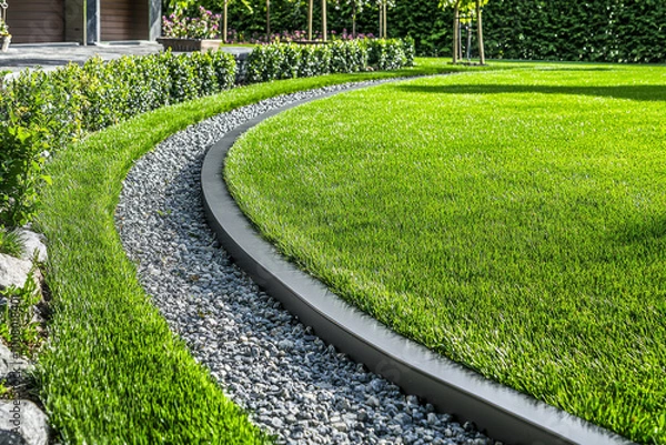 Fototapeta A landscaped garden featuring a curved pathway of gravel bordered by lush green grass and neatly trimmed hedges.