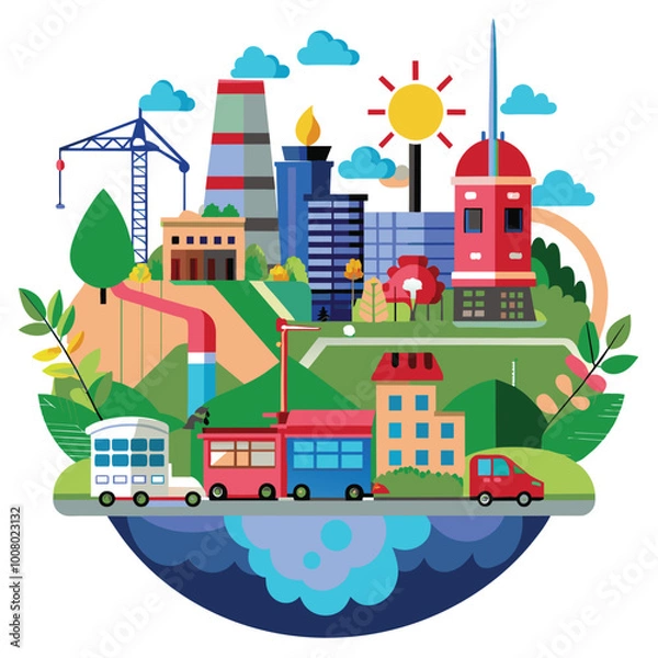 Fototapeta The illustration features a colorful depiction of a city incorporating green infrastructure initiatives including transportation energy sources and flora
