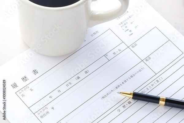 Fototapeta コーヒーを飲みながら、履歴書を書く
