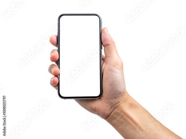 Fototapeta Mobile phone screen mockup in case. Hand holding smartphone display mock up isolated on white background as transparent 
