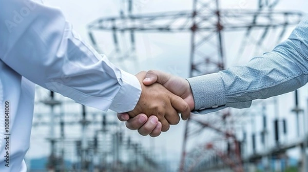 Fototapeta Businessmen shaking hands in close-up, symbolizing successful energy deal, with energy infrastructure in the background.