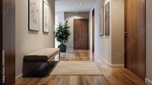 Fototapeta Modern hallway with wooden flooring, a stylish bench, and simple yet elegant decor, creating a warm, inviting entrance space