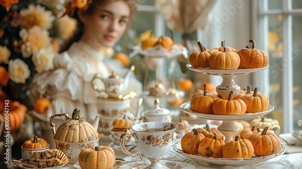 Fototapeta Fall themed tea party, Cozy fall table setting with a teapot for a relaxing tea time.