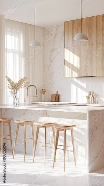 Fototapeta Modern kitchen interior featuring wood accents, marble countertops, and minimalist decor, bathed in natural light.