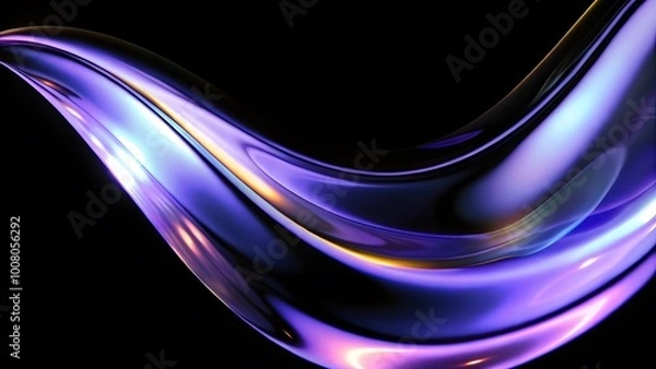 Fototapeta Abstract fluid holographic iridescent purple curved wave in dark background 3d render. Gradient design element for backgrounds, wallpapers, posters and covers.