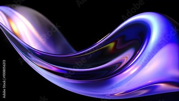 Fototapeta Abstract fluid holographic iridescent purple curved wave in dark background 3d render. Gradient design element for backgrounds, wallpapers, posters and covers.