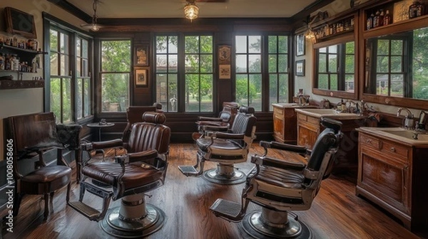 Fototapeta Nostalgic barber shop with aged leather chairs, wooden floors, and old-fashioned tools, offering a cozy grooming experience with clear windows visible