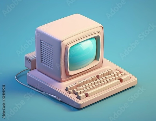 Fototapeta 3D pastel colored vintage computer sits on a blue surface