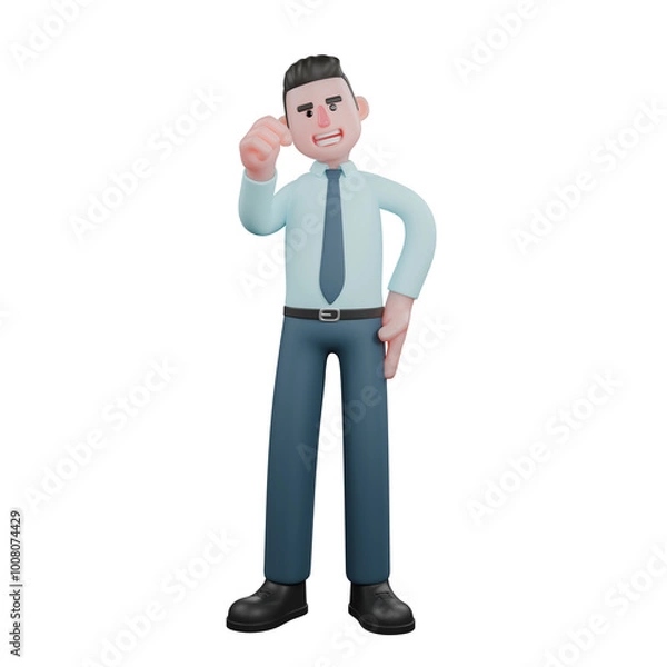 Fototapeta Illustrated 3D Financial Analyst. A male financial analyst stands with his left hand on his waist while his right hand is clenched upwards. Male Finance Expert Cartoon