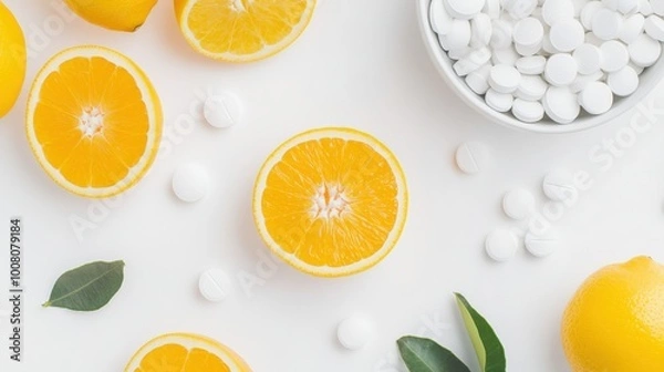 Fototapeta Fresh lemons and oranges with white tablets on a clean background, representing health and wellness concepts.