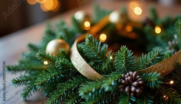 Fototapeta Festive wreath with evergreen needles and glittering ribbon captured in a detailed close-up shot for holiday decor ideas.