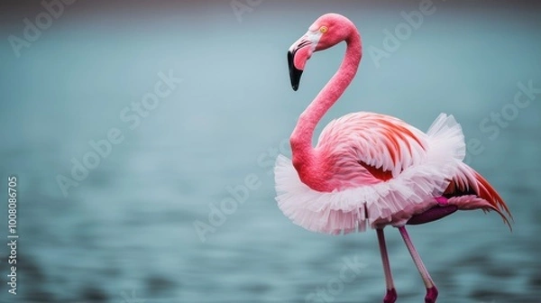 Fototapeta Flamingo standing gracefully in calm waters, serene atmosphere.