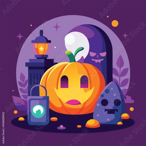 Obraz Halloween Jack-o-Lantern Pumpkins on rustic wooden background