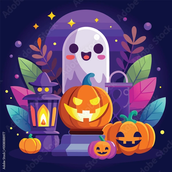 Obraz Halloween Jack-o-Lantern Pumpkins on rustic wooden background