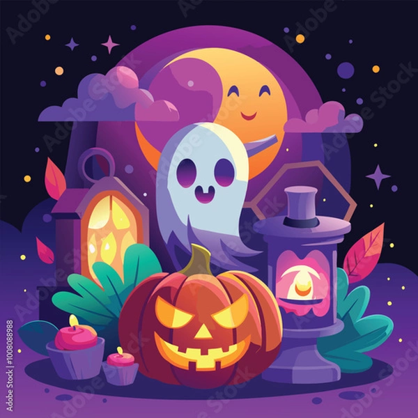 Obraz Halloween Jack-o-Lantern Pumpkins on rustic wooden background