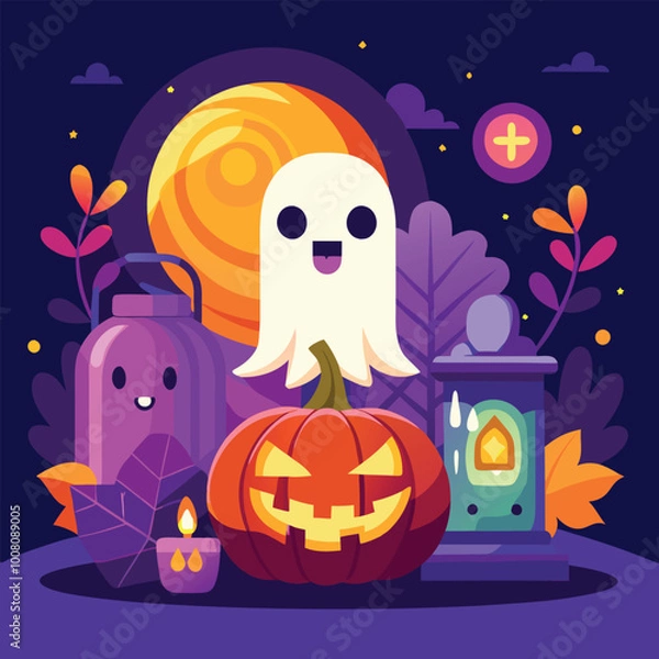 Obraz Halloween Jack-o-Lantern Pumpkins on rustic wooden background