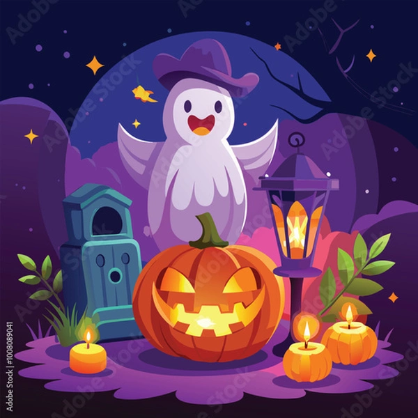 Obraz Halloween Jack-o-Lantern Pumpkins on rustic wooden background