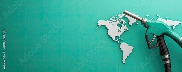 Obraz A fuel pump positioned next to a world map, symbolizing global energy distribution and fuel industry concepts.