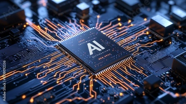 Fototapeta Sleek AI Microchip Technology on Circuit Board